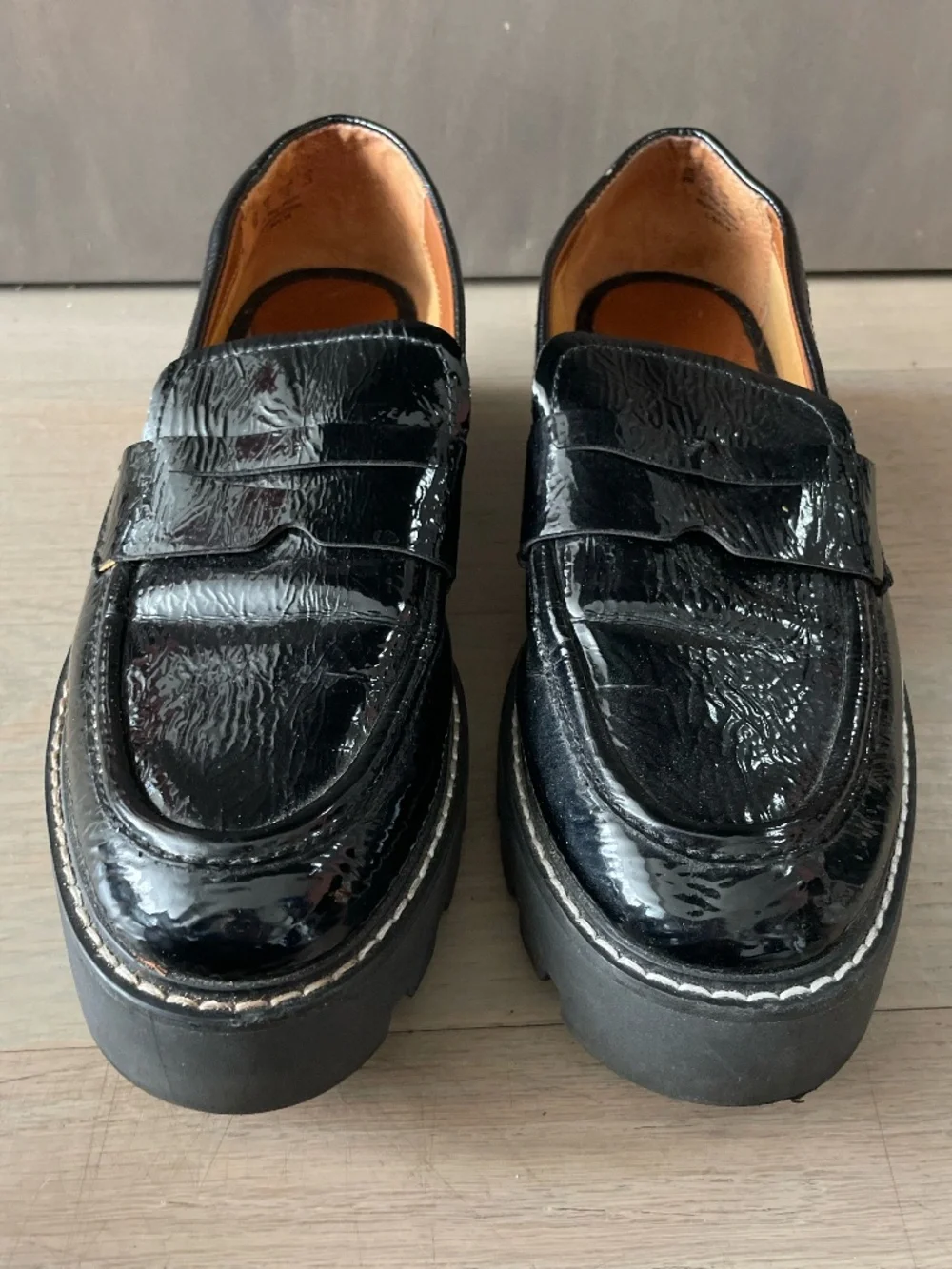 Franco Sarto Chunky Platform Lug Sole Black Patent Leather Loafers - Size 8M